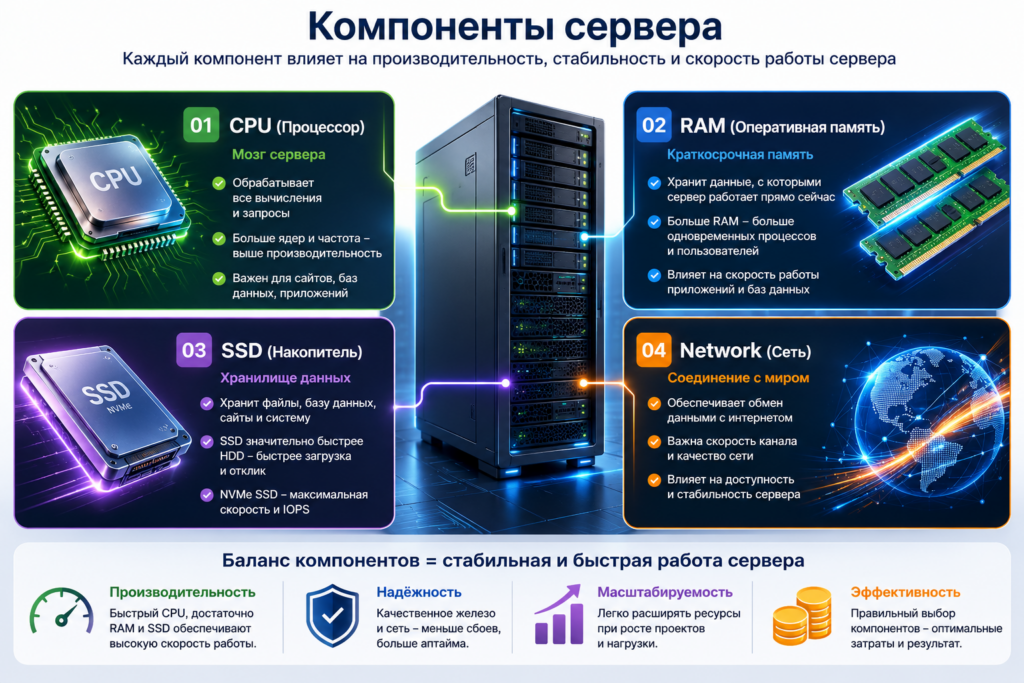 Инфографика компонентов сервера - CPU, RAM, SSD, Network с краткими пояснениями важности каждого компонента.